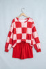 Red Checkerboard Plaid Long Sleeve Solid Color Shorts 2pcs Set