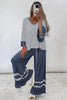 Blue Stripe V Neck Ruffle Contrast Sleeve Top Drawstring Pants 2pcs Set