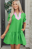 Bright Green Color Block Detail Split Neck Short Puff Sleeve Ruffle Hem Mini Dress