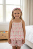 PINK FLORAL COQUETTE BOW PRINTED TUNIC AND RUFFLE SHORTS.