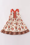 Platinum rust floral print  apron ruffle dress