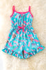 HOWDY TURQUOISE ROMPER WITH FUCHSIA TRIM AND RUFFLE HEM.
