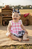 Pink Gingham Romper Dress with black & white cow print hem