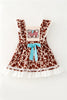 Brown Cow Printed Dress with lace hem and front bow