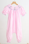 Pink alpaca hand smocked gingham girl romper