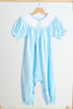 Blue puppy hand smocked girl romper