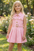 PINK DENIM DRESS W/PLEADED SKIRT & FRONT POCKETS.