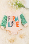 FARM LIFE: IVORY GRAPHIC BABY ONESIE WITH SEQUINS SLEEVES.