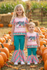 "Howdy" Halloween Printed on Pink Checker Tunic and teal bell bottoms