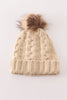 Beige pompom  cable beanie