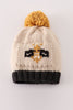 Beige pompom bee cable beanie