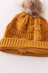 Mustard pompom cable beanie