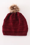 Burgundy pompom cable beanie