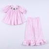 Pink christmas tree hand smocked ruffle pants set