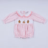 Pink gingerbread hand smocked gingham ruffle bubble