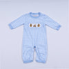 Blue gingerbread hand smocked gingham romper