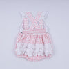 Pink character hand smocked gingham ruffle bubble