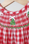 Red christmas tree hand smocked gingham romper