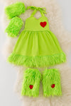 GREEN FUR DRESS W/HAND WARMERS AND LEG WARMERS.