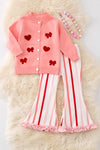 CORAL KNIT CARDIGAN WITH STRIPE PANTS.