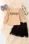 LOVED CREAM LONG SLEEVE TOP & BLACK FRINGE SKIRT.