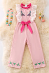 PINK EASTER BUNNY JUMPSUIT WITH EMBROIDERED SLEEVE.