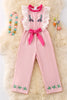 PINK EASTER BUNNY JUMPSUIT WITH EMBROIDERED SLEEVE.