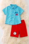 THING 1 & 2 POLKA DOT BUTTON UP SHIRT AND RED SHORTS.