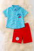 THING 1 & 2 POLKA DOT BUTTON UP SHIRT AND RED SHORTS.