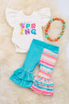 HELLO SPRING" WHITE ANGEL SLEEVE BABY ONESIE WITH TURQUOISE & STRIPE PANTS.