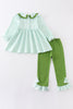 Green plaid leaf embroidery girl set