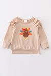 Khaki ruffle turkey embroidery girl top