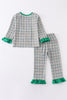 Green plaid christmas deer embroidery girl pajamas set