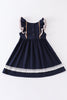 Navy he is risen embroidery girl dress