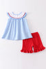 Blue Patriotic flag embroidery swiss dot girl set