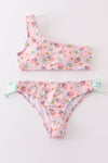 Pink floral strawberry print women swimsuit