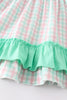 Green character applique plaid girl ruffle shorts set