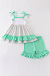 Green character applique plaid girl ruffle shorts set