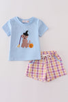 Blue halloween witch dog embroidery boy shorts set