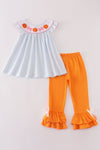 Blue stripe pumpkin french knot girl set