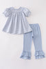 Blue gingham pumpkin embroidery girl set