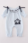 Navy nativity embroidery gingham girl romper