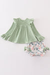 Sage floral print velvet ruffle baby set