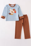 Blue stripe thanksgiving turkey french knot boy set