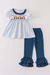 Blue thanksgiving turkey french knot girl set