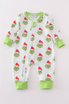 Green stripe christmas grinch zipper boy romper