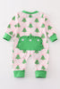 Green christmas tree print ruffle zip romper