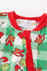 Green grinch print plaid ruffle zip girl romper