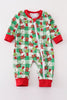 Green grinch print plaid zip boy romper