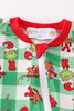 Green grinch print plaid zip boy romper